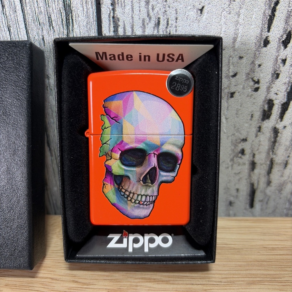 2017 Zippo Lighter 29402 Discontinued Neon Orange Skull Design - New, Unfired 💀